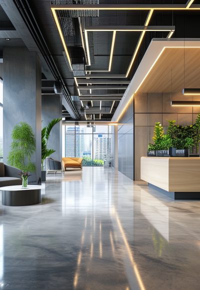 Interior of modern office waiting room with gray walls concrete floor wooden reception desk and green plants, ai generative